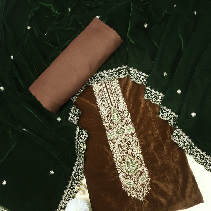 Noor Deep Brown Zari Work Velvet Top with Velvet Dupatta