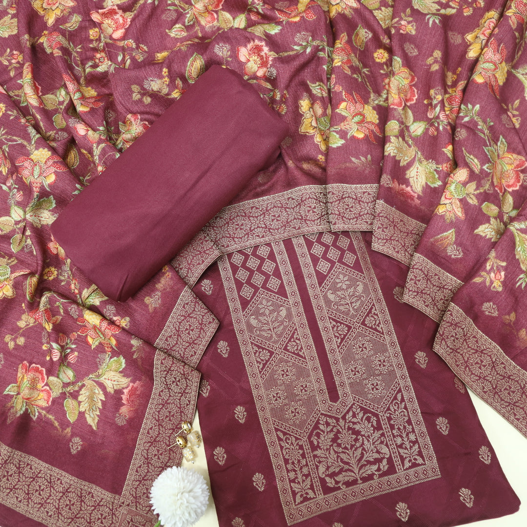 Garj Dark Mauve Semi Pashmina Top with Semi Pashmina Dupatta