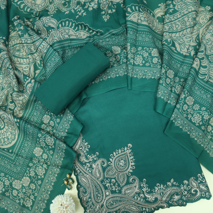 Tanhaai Dark Green Embroidered Hem Semi Pashmina Winter Suit Set