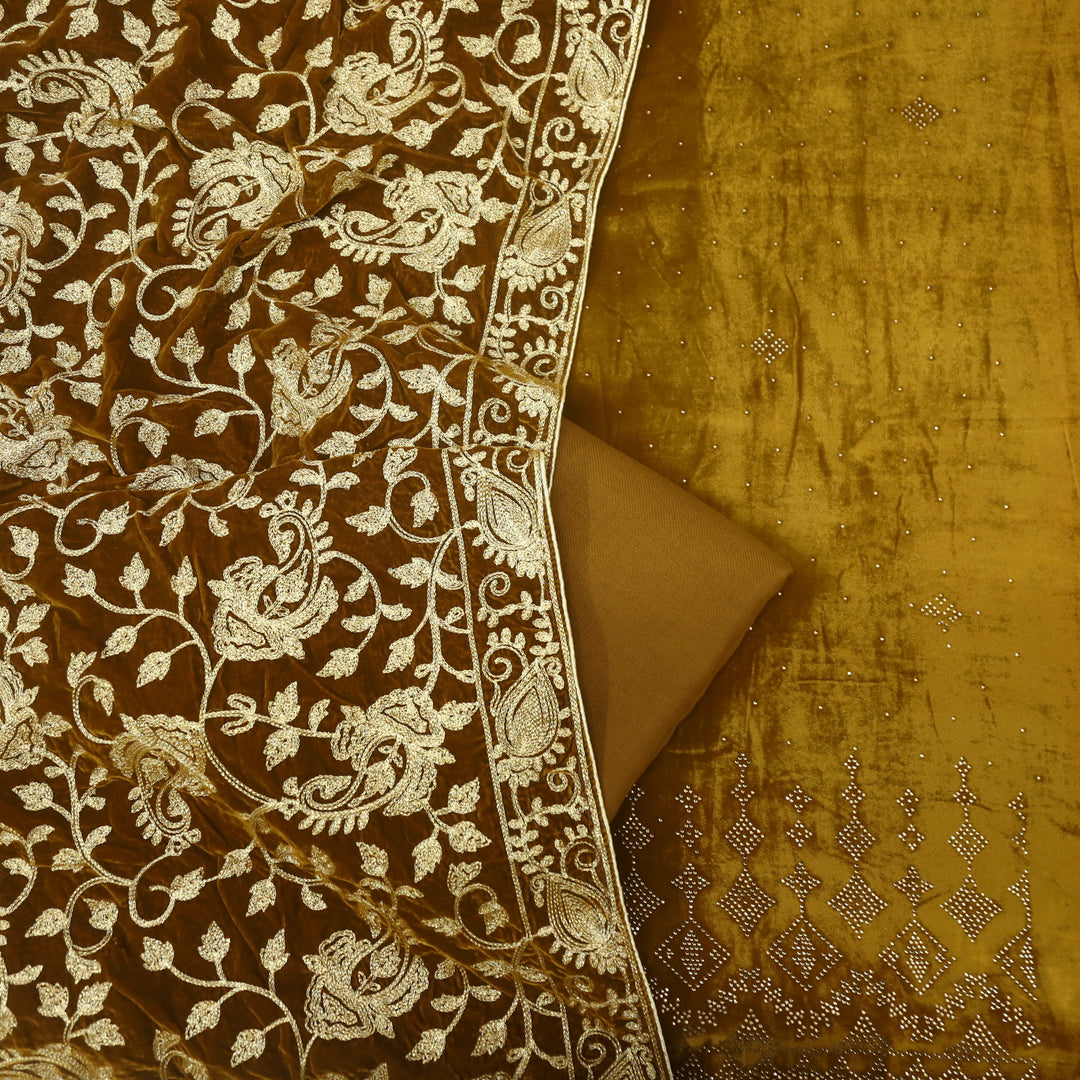 Noor Mustard Yellow Swarovski Work Velvet Top with Velvet Dupatta