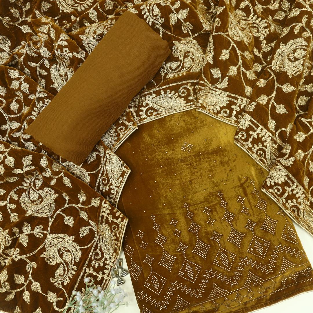 Noor Mustard Yellow Swarovski Work Velvet Top with Velvet Dupatta