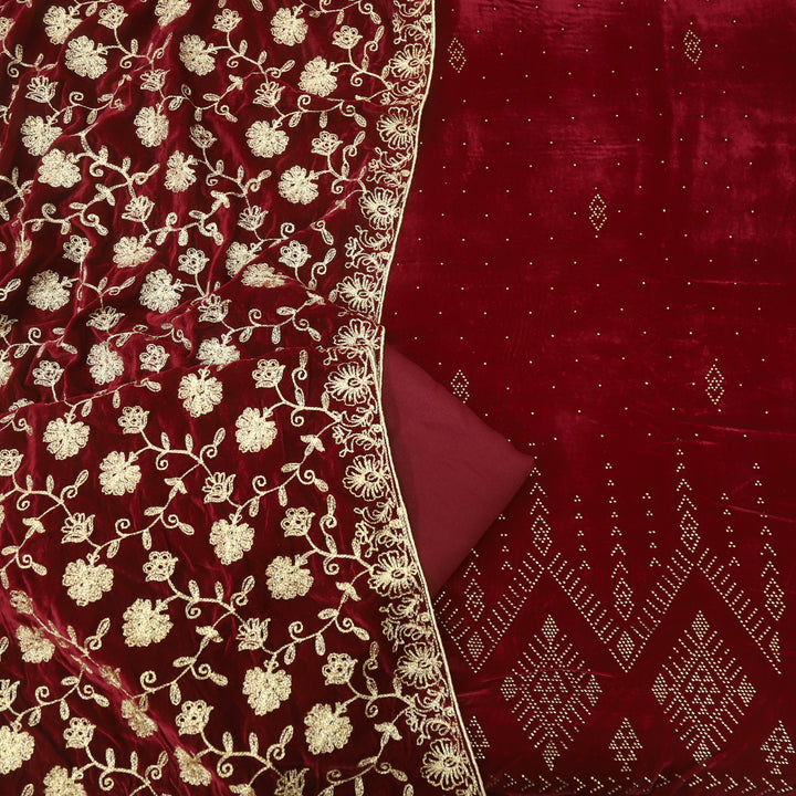 Noor Dark Maroon Swarovski Work Velvet Top with Velvet Dupatta