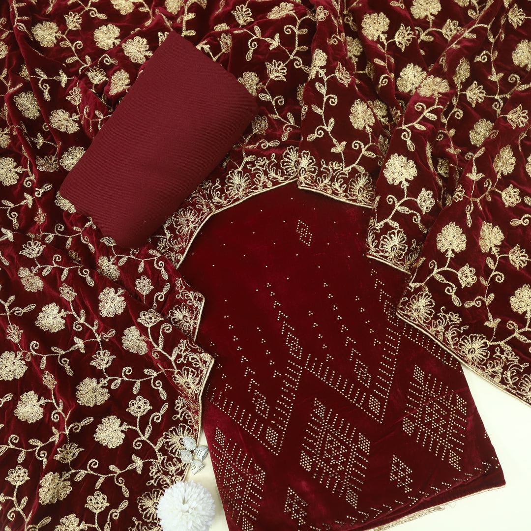 Noor Dark Maroon Swarovski Work Velvet Top with Velvet Dupatta