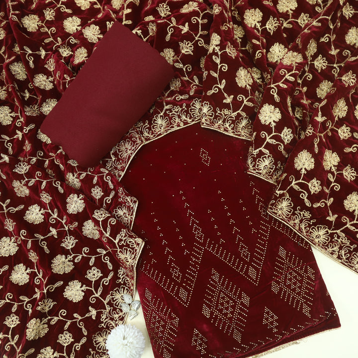 Noor Dark Maroon Swarovski Work Velvet Top with Velvet Dupatta