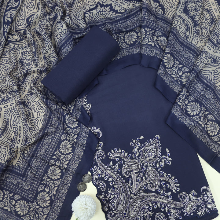 Tanhaai Dark Blue Embroidered Hem Semi Pashmina Winter Suit Set