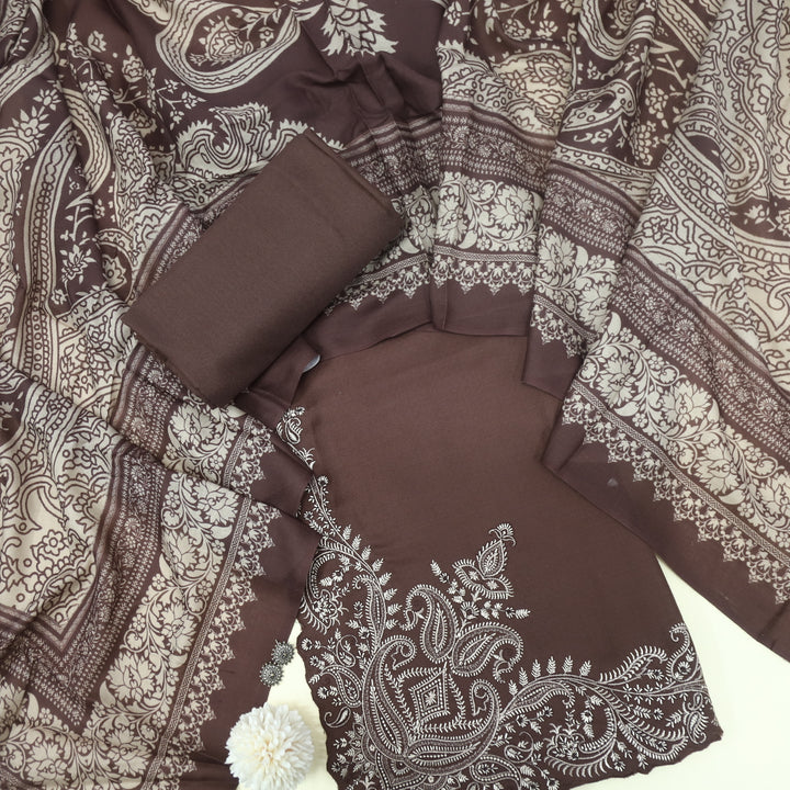 Tanhaai Chocolate Brown Embroidered Hem Semi Pashmina Winter Suit Set