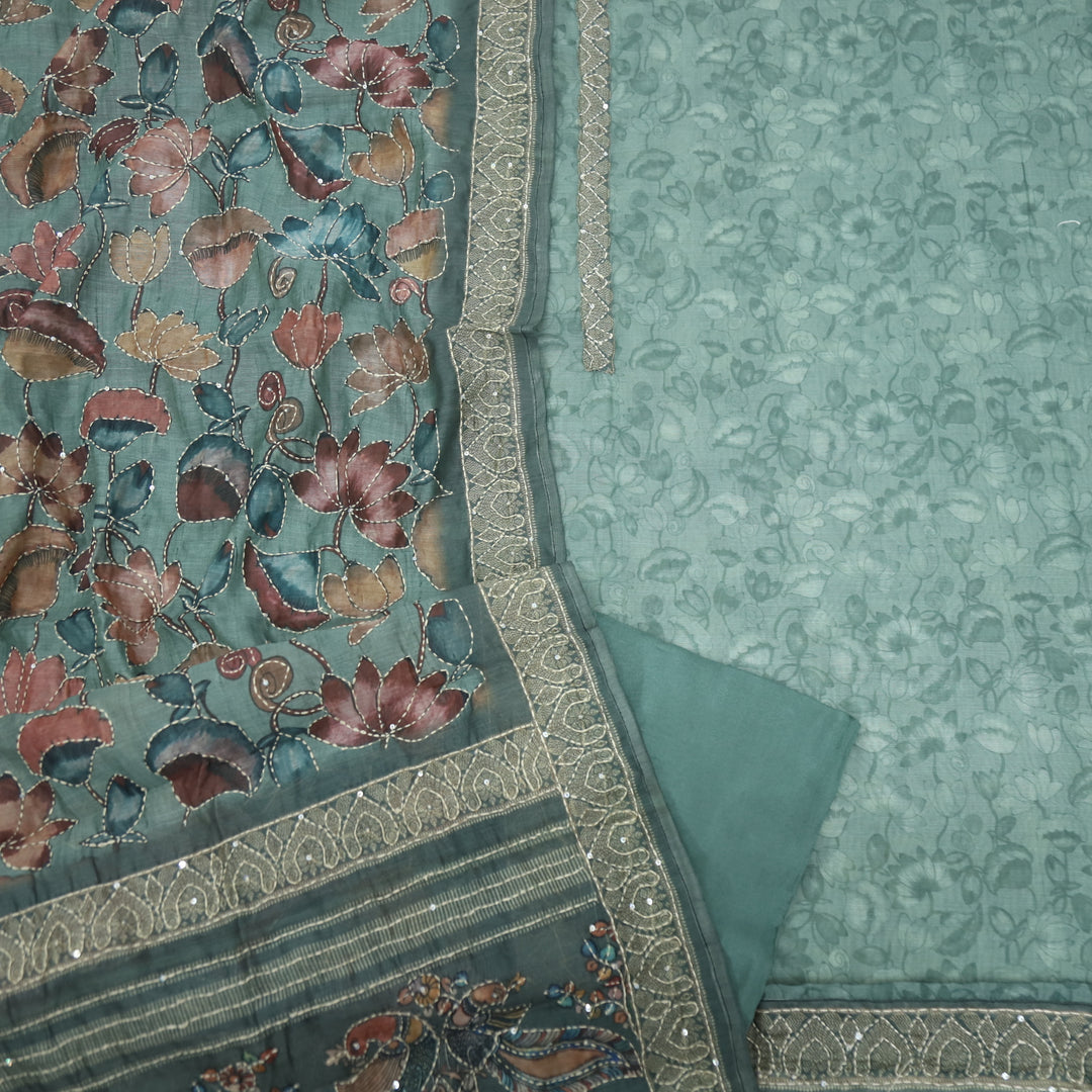 Kohinoor Basil Green Chanderi Top with Kantha Dupatta
