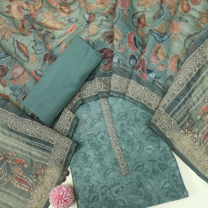 Kohinoor Basil Green Chanderi Top with Kantha Dupatta