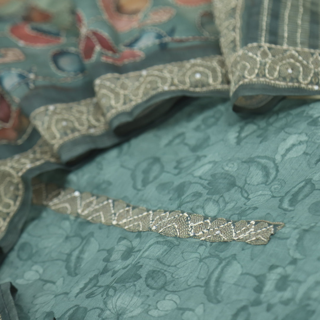 Kohinoor Basil Green Chanderi Top with Kantha Dupatta