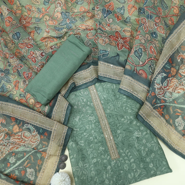Kohinoor Seaweed Green Chanderi Top with Kantha Dupatta
