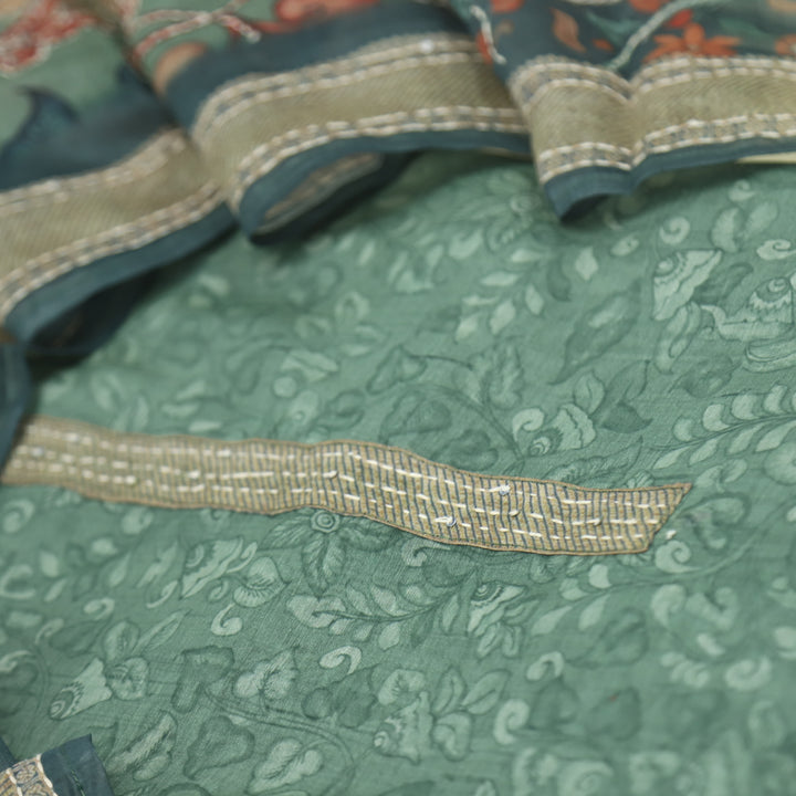 Kohinoor Seaweed Green Chanderi Top with Kantha Dupatta