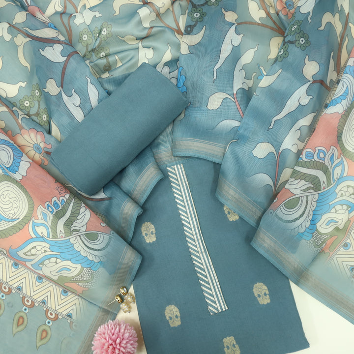 Paimana Cadet Blue Chanderi Top with Printed Chanderi Dupatta
