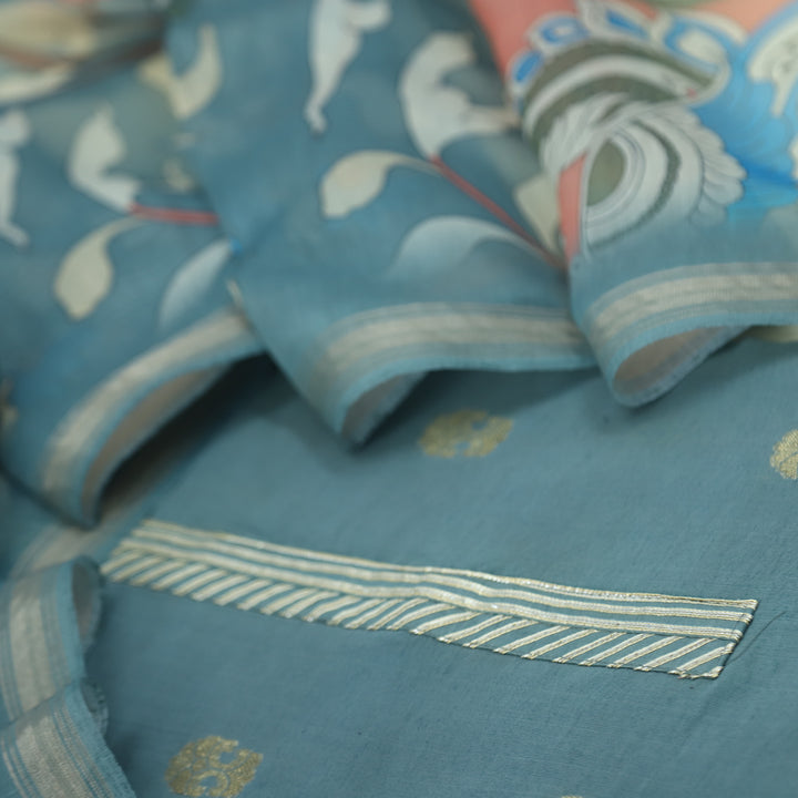 Paimana Cadet Blue Chanderi Top with Printed Chanderi Dupatta