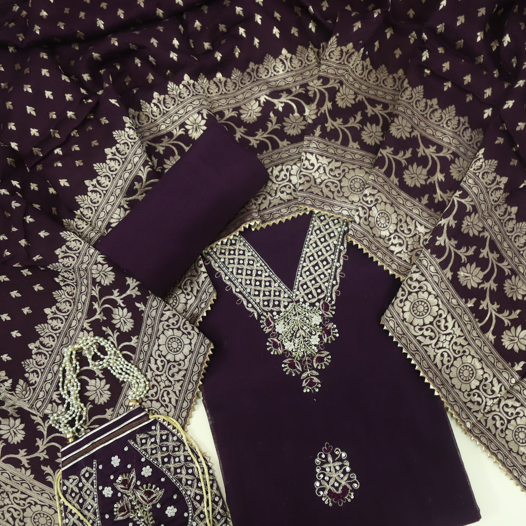 Bandegi Rasin Purple V Neck Chanderi Top and Banarasi Dupatta With Potli Bag