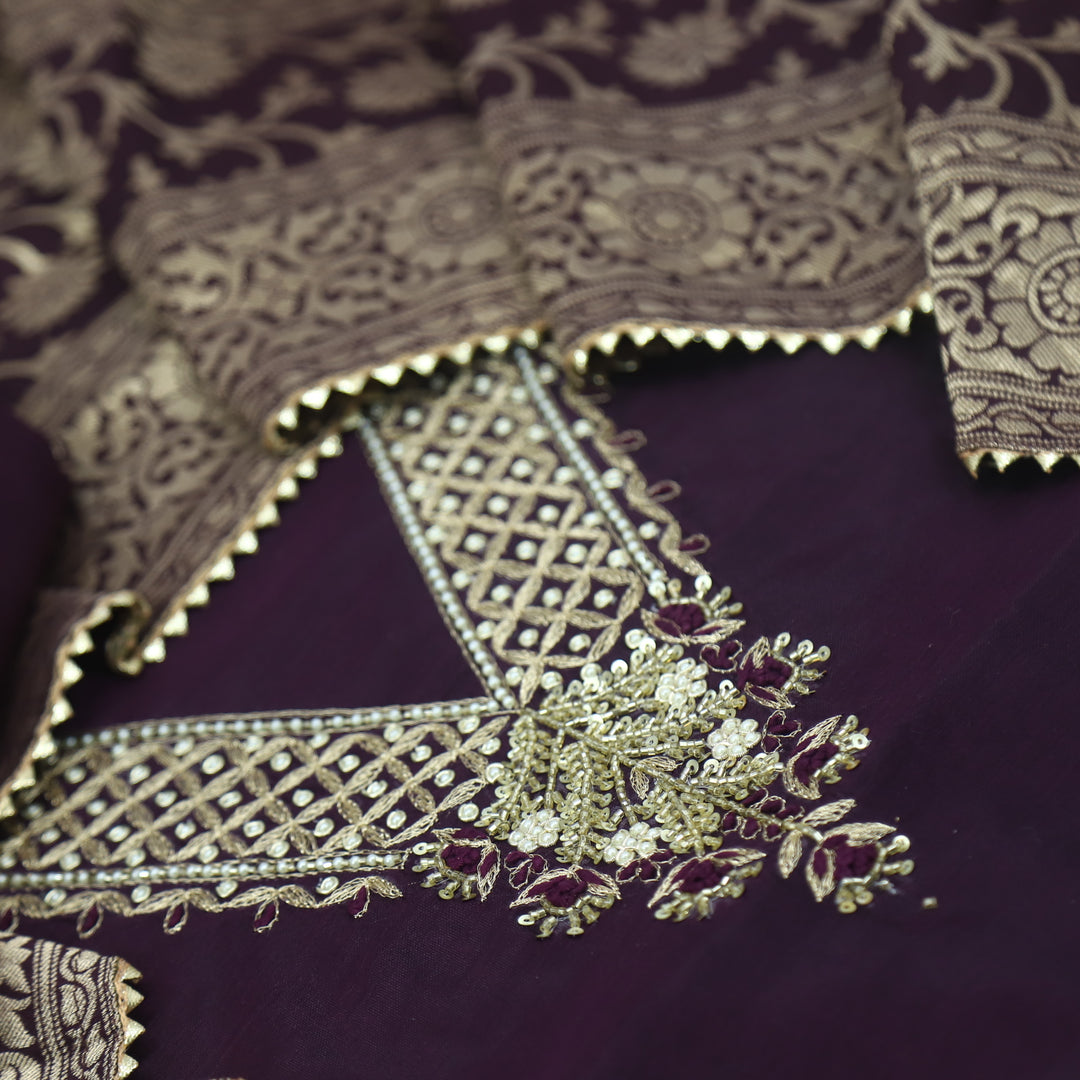 Bandegi Rasin Purple V Neck Chanderi Top and Banarasi Dupatta With Potli Bag