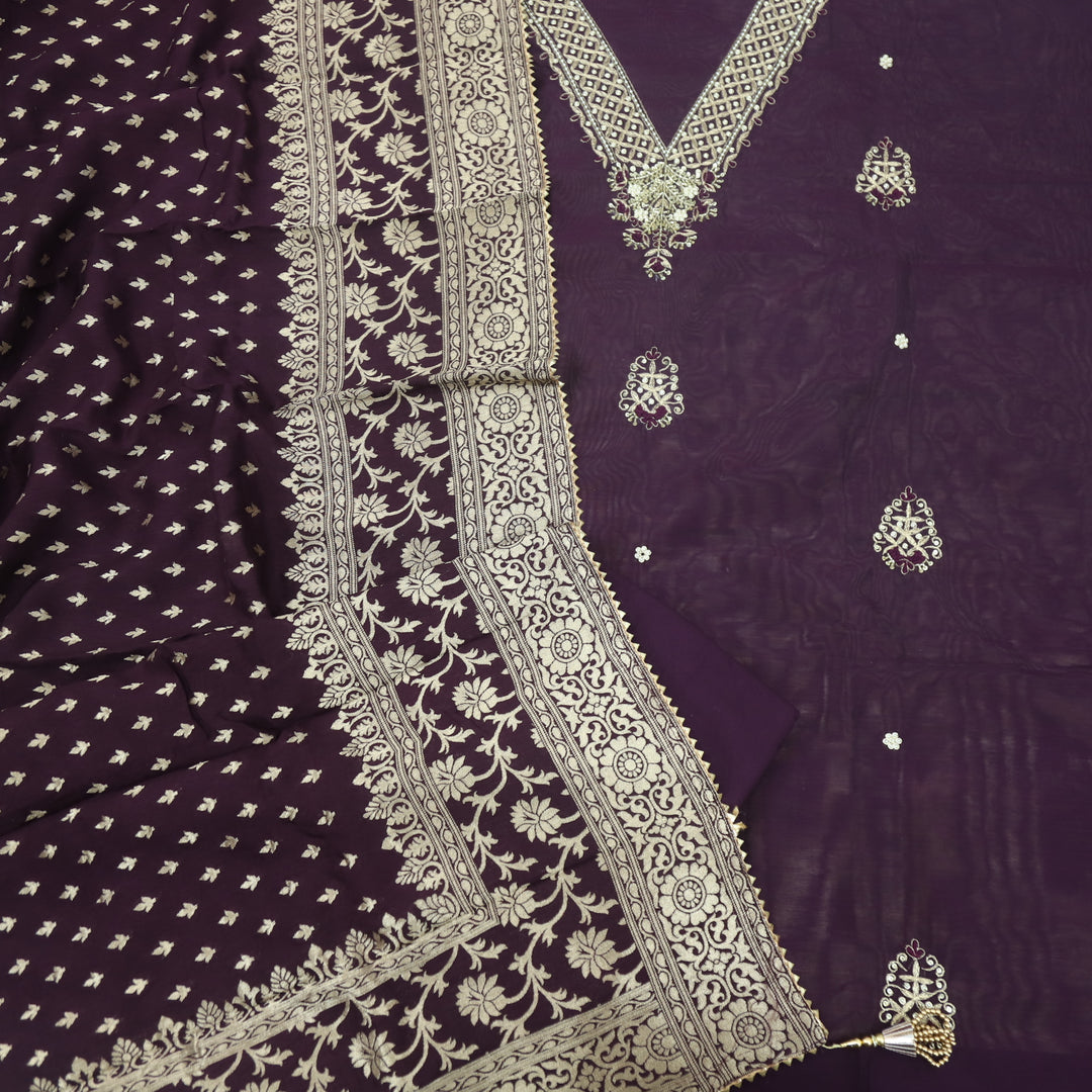 Bandegi Rasin Purple V Neck Chanderi Top and Banarasi Dupatta With Potli Bag