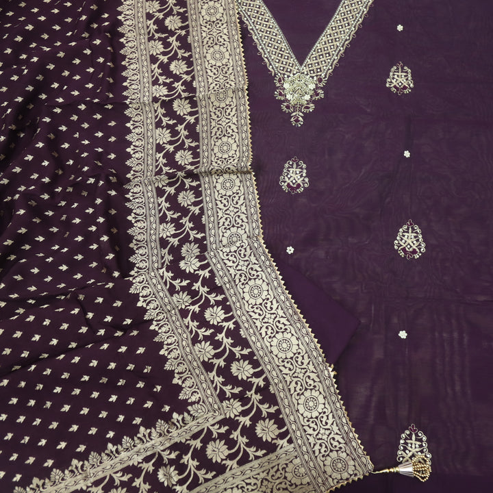 Bandegi Rasin Purple V Neck Chanderi Top and Banarasi Dupatta With Potli Bag