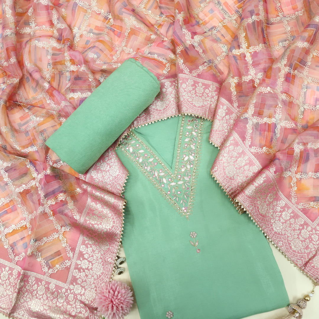 Ishani Mint Green Dola Silk with Brocade Organza Dupatta