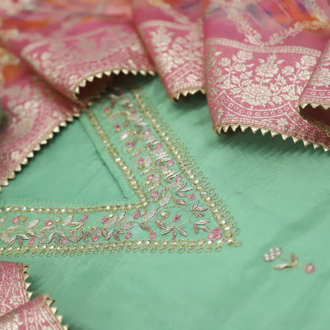 Ishani Mint Green Dola Silk with Brocade Organza Dupatta