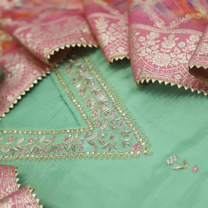 Ishani Mint Green Dola Silk with Brocade Organza Dupatta