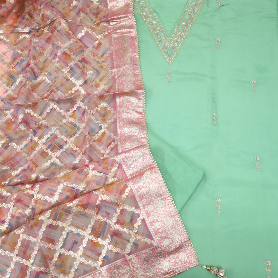 Ishani Mint Green Dola Silk with Brocade Organza Dupatta