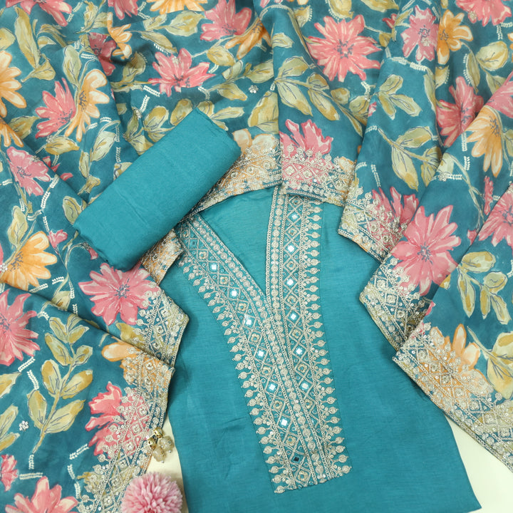 Shiddat Ocean Blue Dola Silk Top With Modal Dupatta