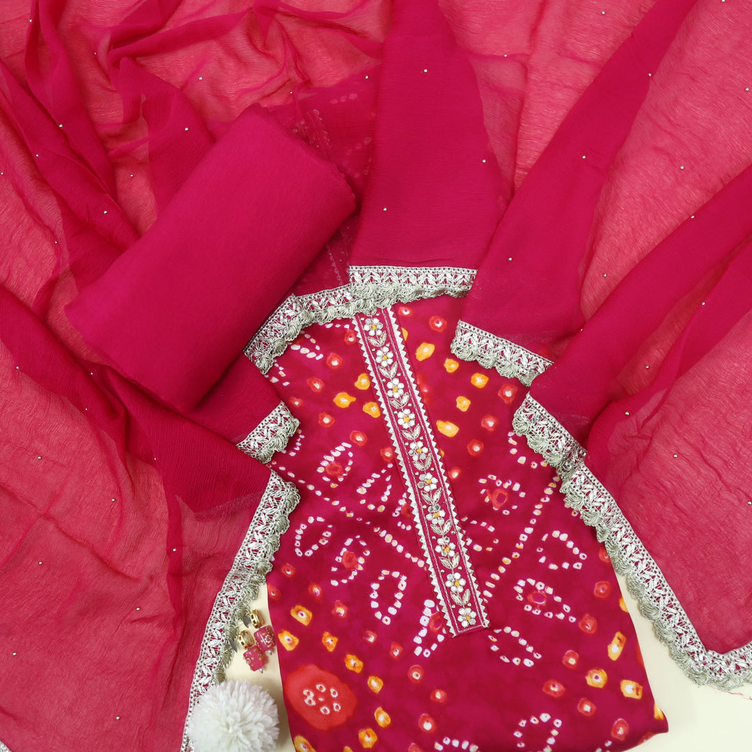 Izhaar Hot Pink Bandani Print Cotton Rayon Satin top with Chiffon Dupatta