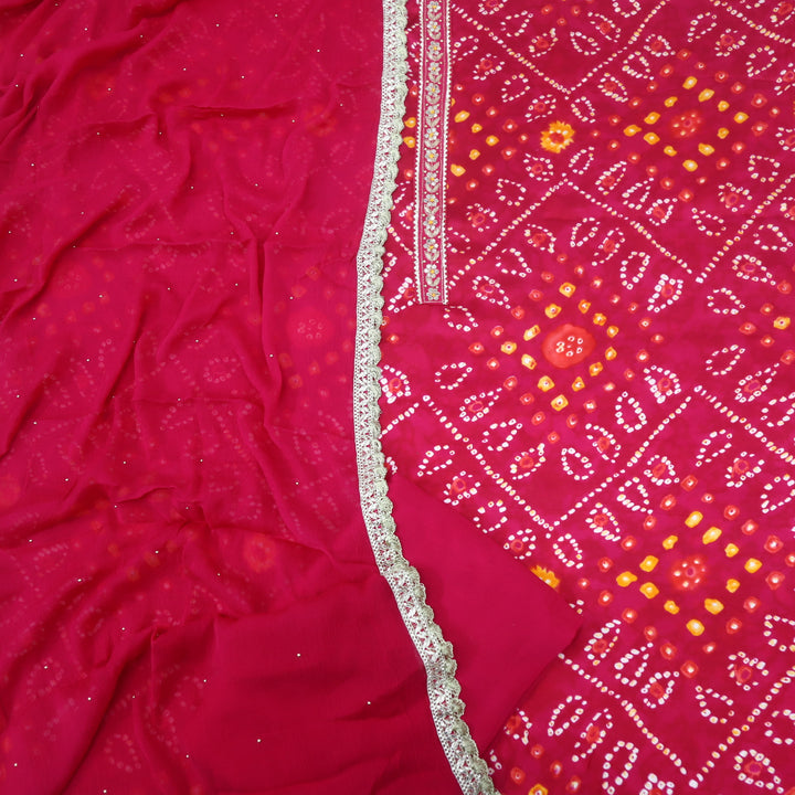 Izhaar Hot Pink Bandani Print Cotton Rayon Satin top with Chiffon Dupatta