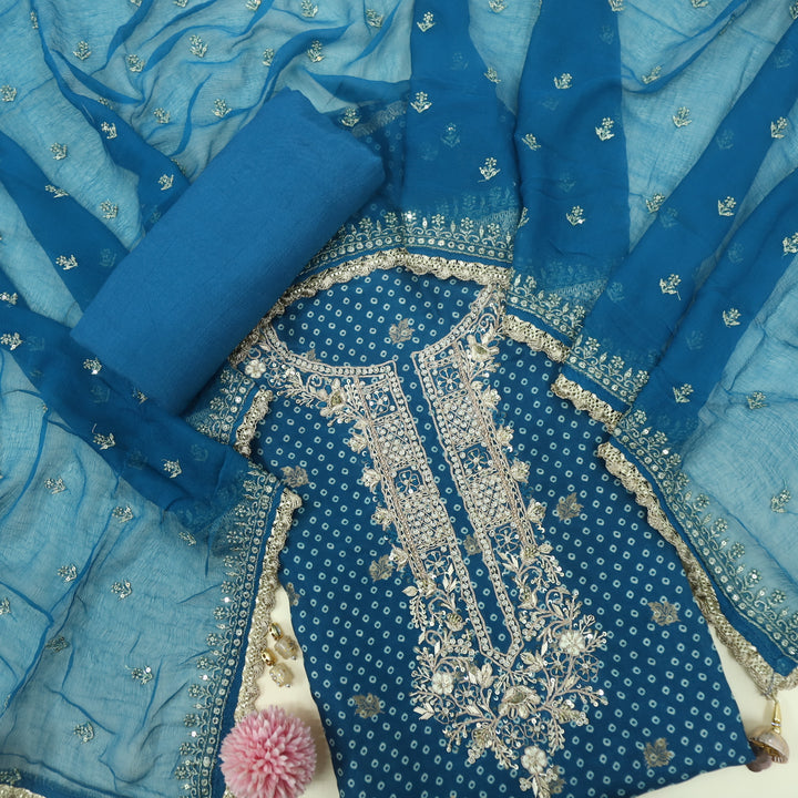 Quinaat Aegean Blue Embellished Neck Dola Silk Top With Chiffon Dupatta