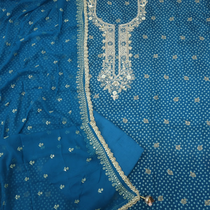 Quinaat Aegean Blue Embellished Neck Dola Silk Top With Chiffon Dupatta