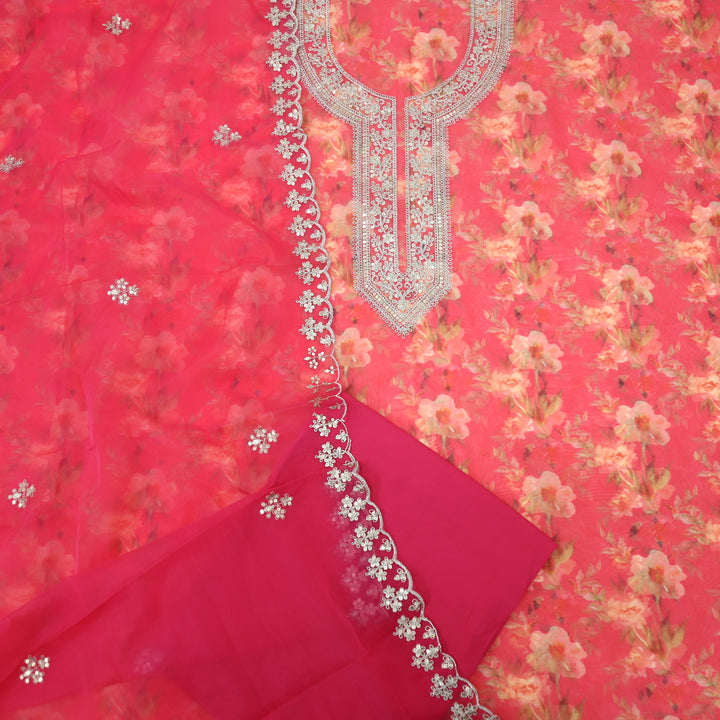 Shokhiyan Rose Pink Printed Organza Top With Organza Dupatta