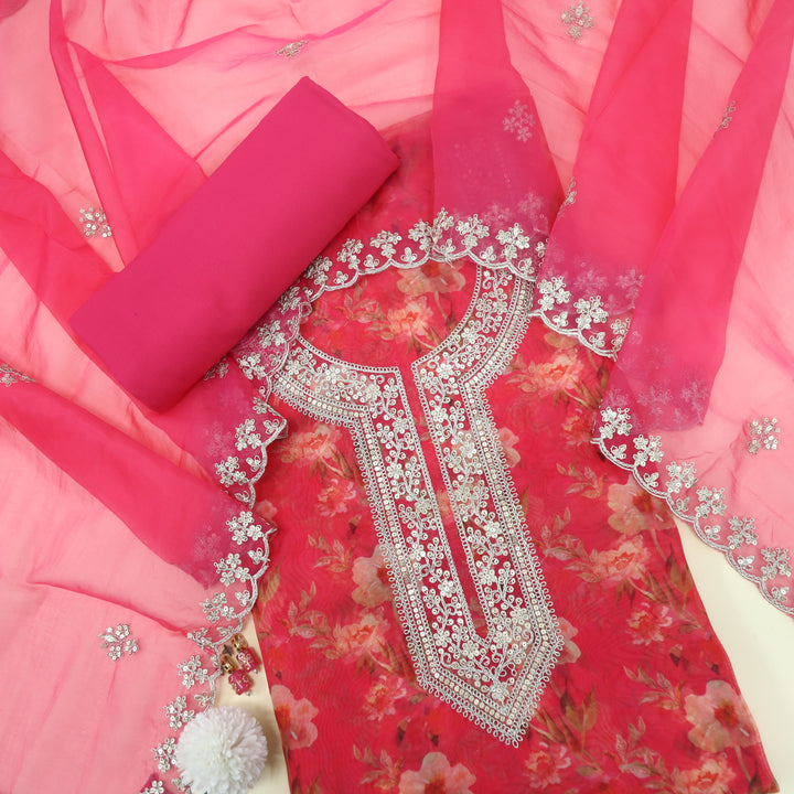 Shokhiyan Rose Pink Printed Organza Top With Organza Dupatta
