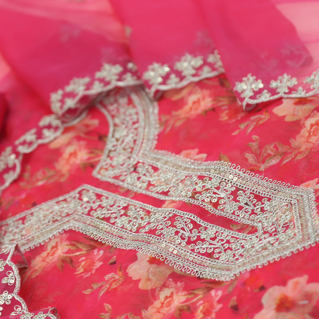 Shokhiyan Rose Pink Printed Organza Top With Organza Dupatta