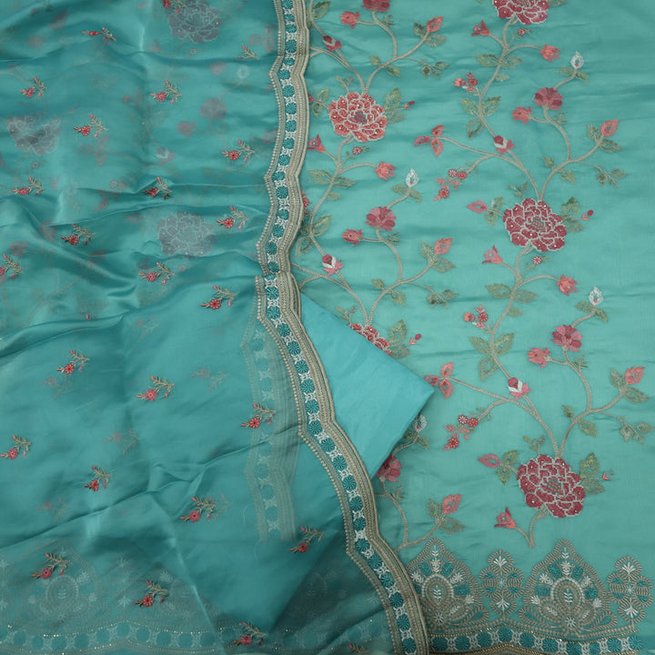 Alhada Teal Blue Embroidered Organza Top with Organza Dupatta