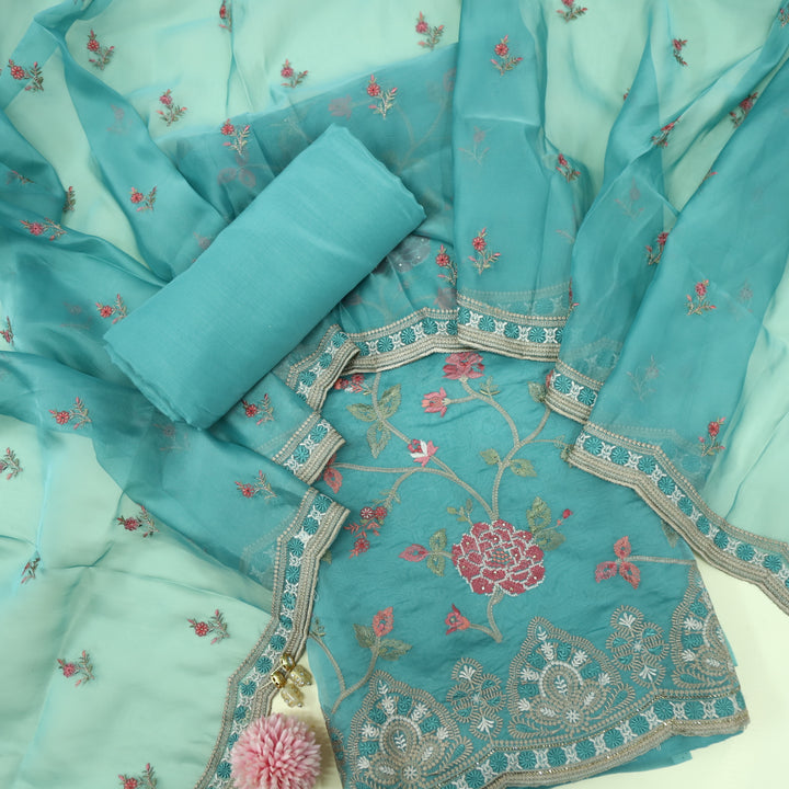 Alhada Teal Blue Embroidered Organza Top with Organza Dupatta