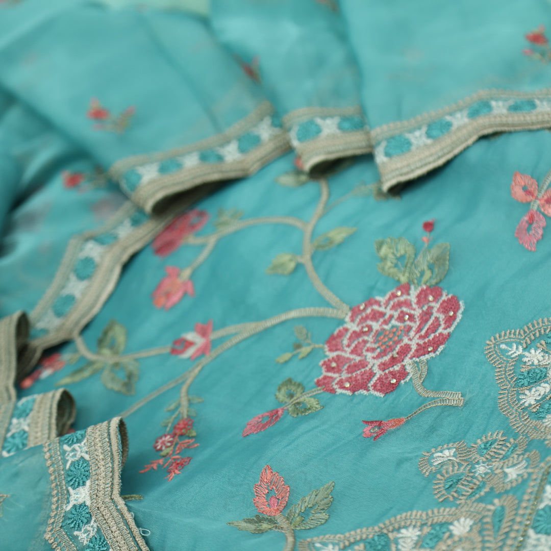 Alhada Teal Blue Embroidered Organza Top with Organza Dupatta