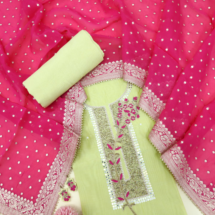 Qurbat Lime Green Embellished Chanderi Top with Organza Dupatta