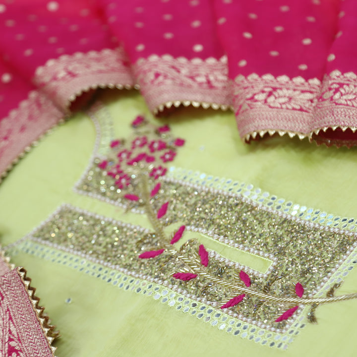 Qurbat Lime Green Embellished Chanderi Top with Organza Dupatta