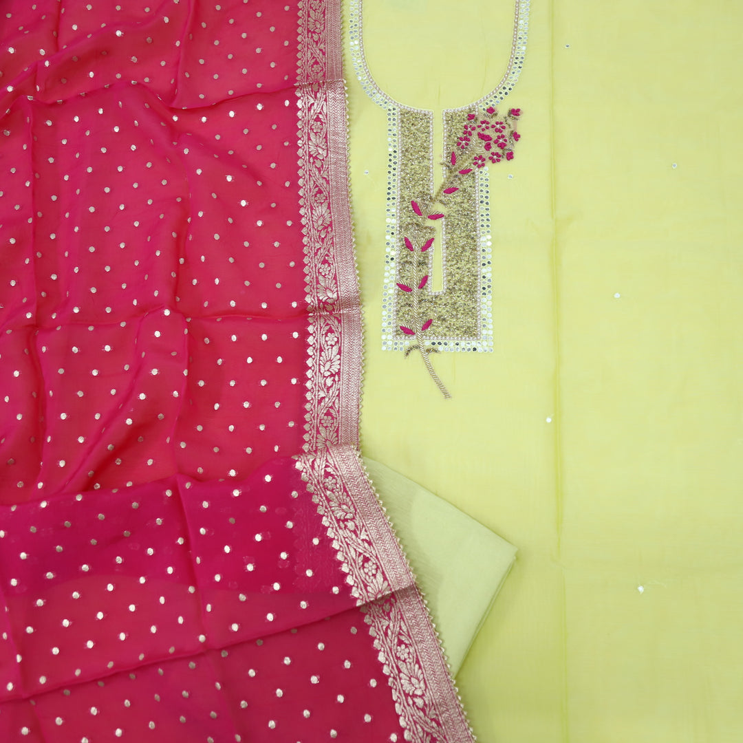 Qurbat Lime Green Embellished Chanderi Top with Organza Dupatta