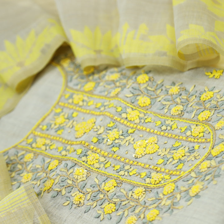 Jannat Corn Yellow Jamdani Top and Jamdani Dupatta