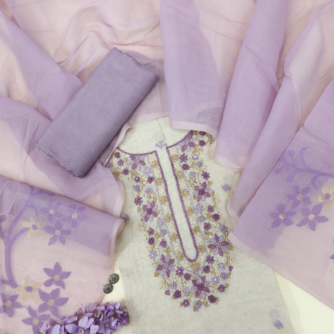 Jannat Periwinkle Purple Jamdani Top and Jamdani Dupatta