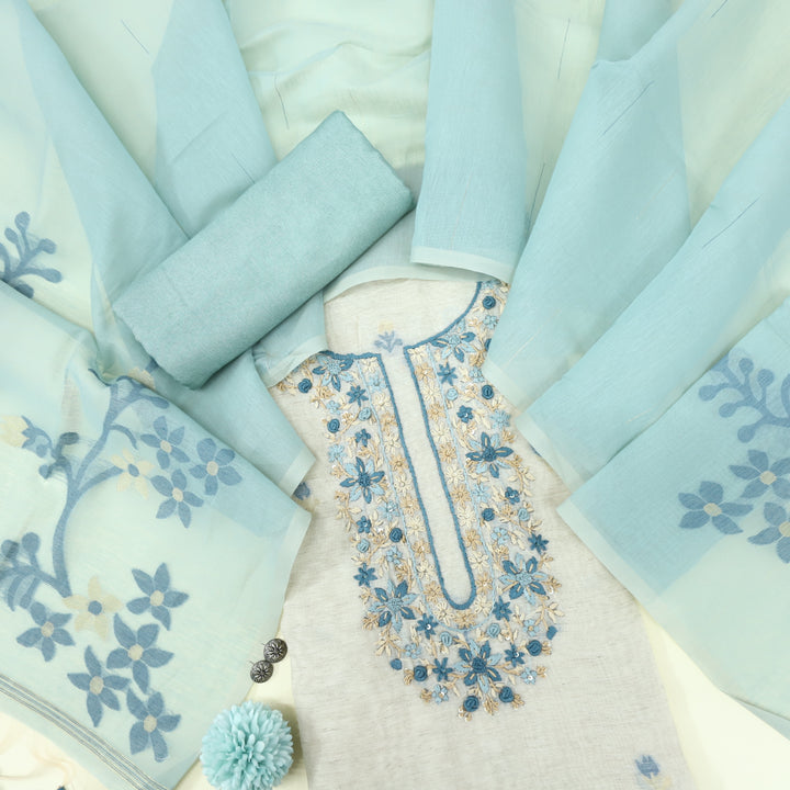 Jannat Teal Blue Jamdani Top and Jamdani Dupatta