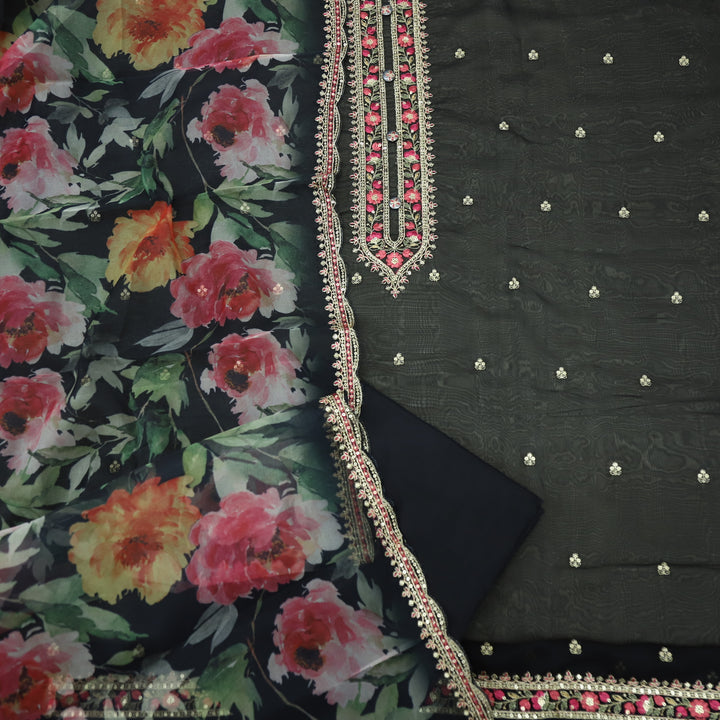 Fakhr Soot Black Organza Top with Printed Organza Dupatta