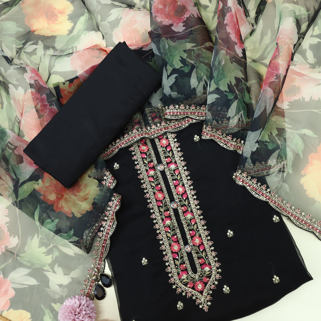 Fakhr Soot Black Organza Top with Printed Organza Dupatta
