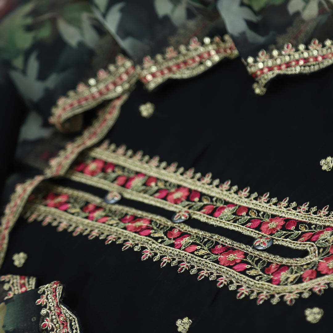 Fakhr Soot Black Organza Top with Printed Organza Dupatta
