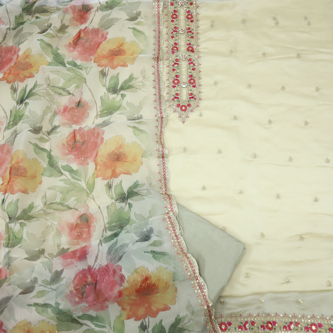 Fakhr Pearl White Organza Top with Printed Organza Dupatta