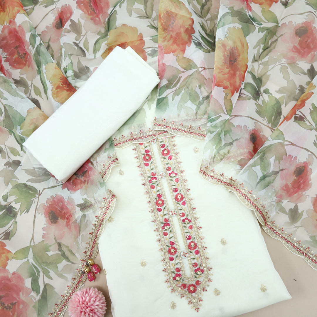 Fakhr Pearl White Organza Top with Printed Organza Dupatta