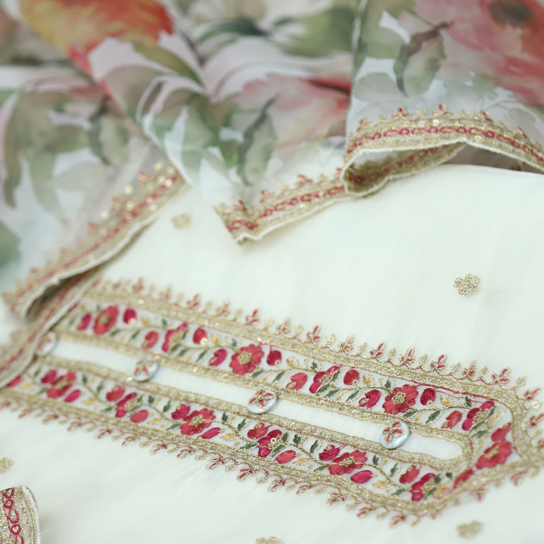 Fakhr Pearl White Organza Top with Printed Organza Dupatta