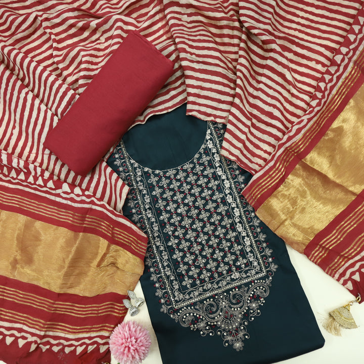 Ranjish Sacramento Green Jam Cotton Satin Top With Gajji Silk Dupatta