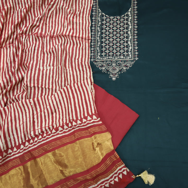 Ranjish Sacramento Green Jam Cotton Satin Top With Gajji Silk Dupatta